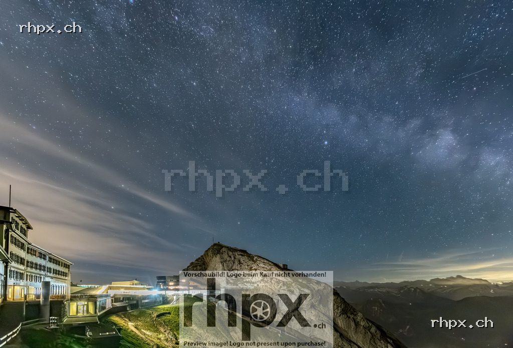 Milky Way above Pilatus Kulm, Bellevue Hotel and the mountain landscape at night