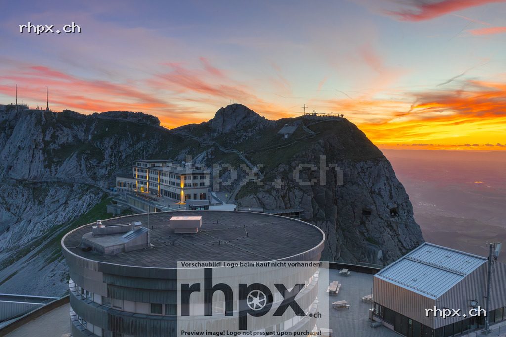 Sunset on Pilatus with Hotel Bellevue, Hotel Pilatus-Kulm and rocky mountain landscape