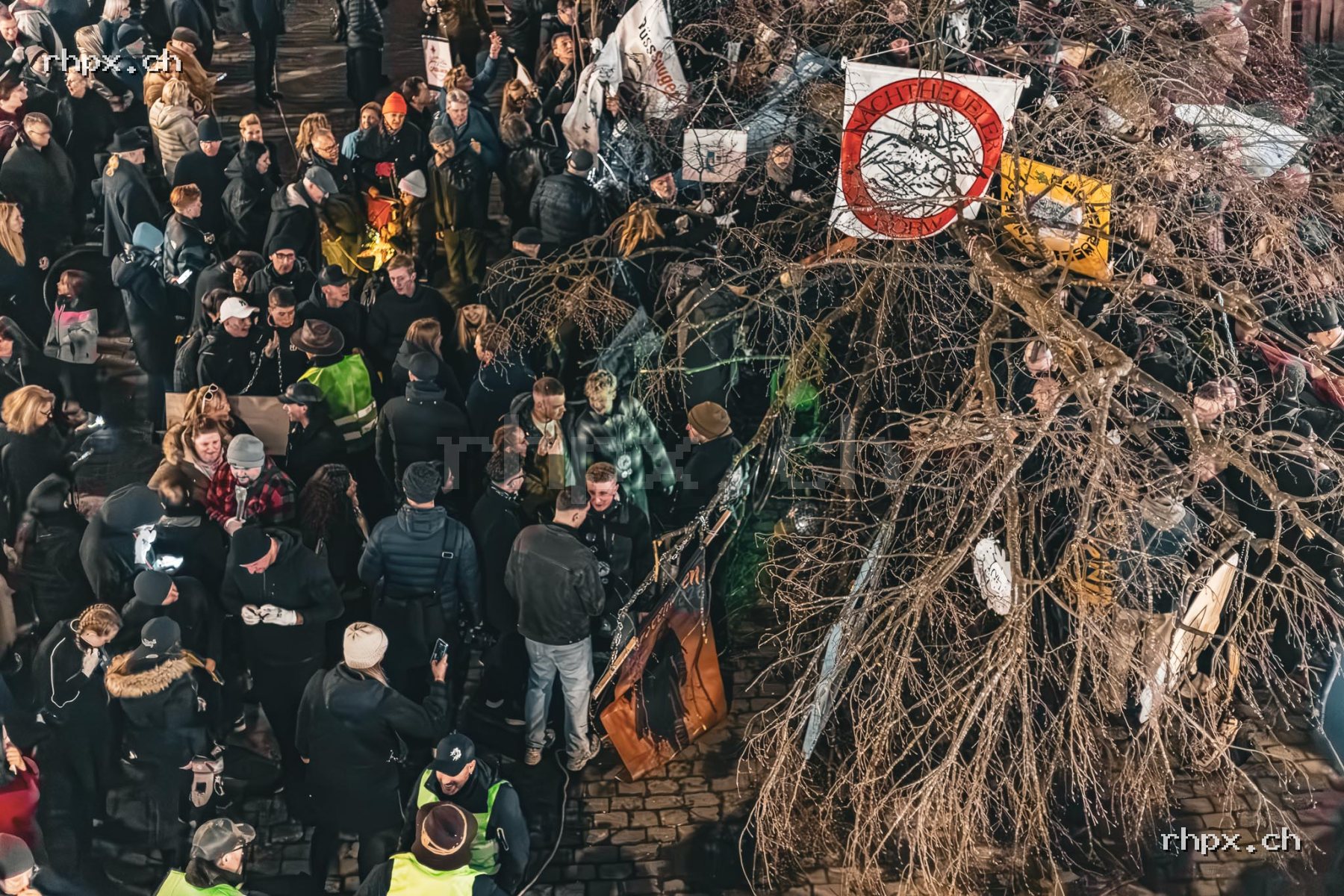 Tree raising in Lucerne with a large carnival tree, many people and buildings in the background at night.