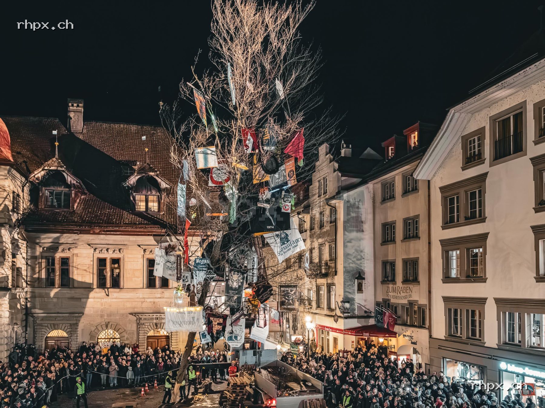 Tree raising in Lucerne with a large carnival tree, many people and buildings in the background at night.