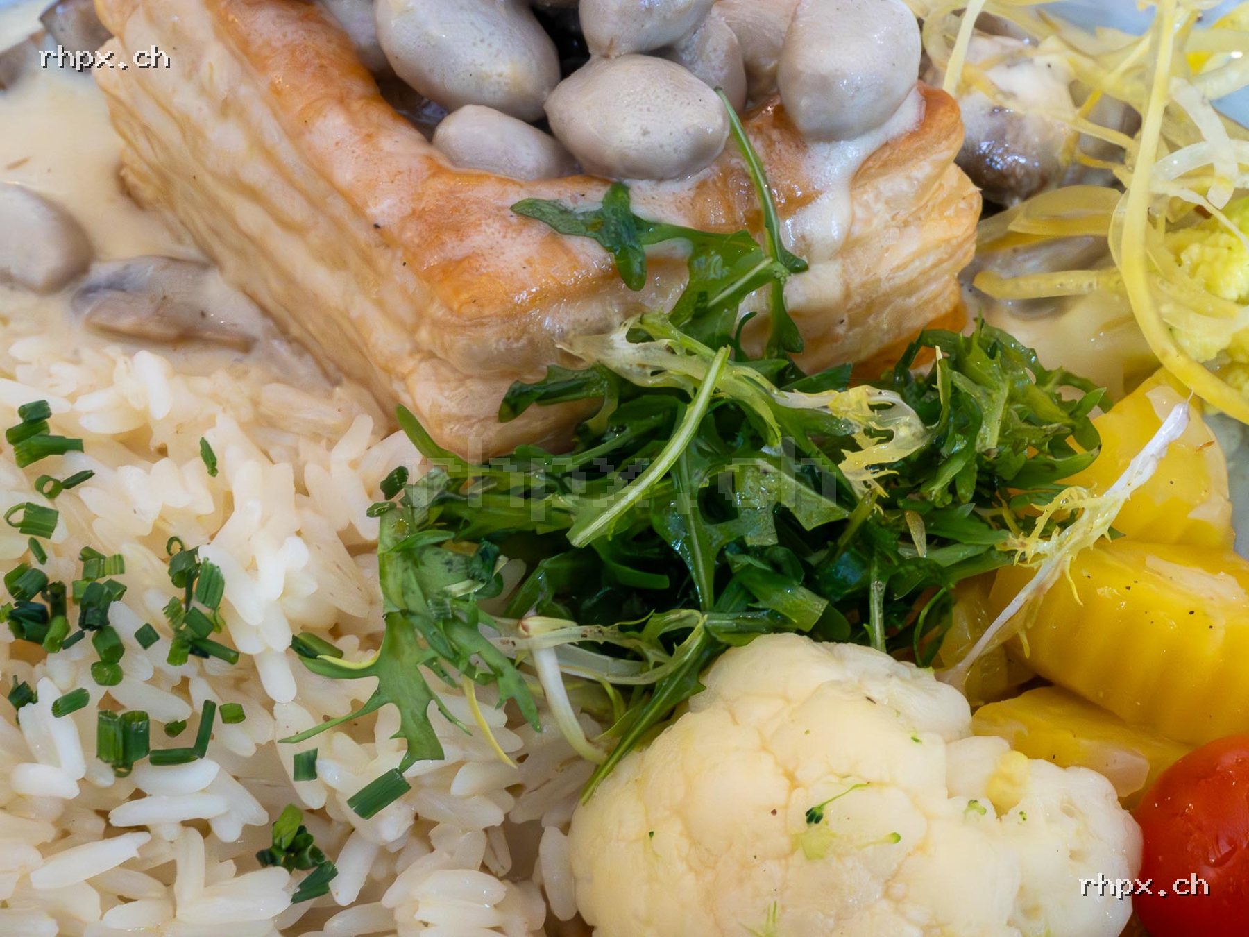 Close-up of a pastetli dish with mushroom filling, rice, rocket, cauliflower, yellow vegetables and cherry tomato.