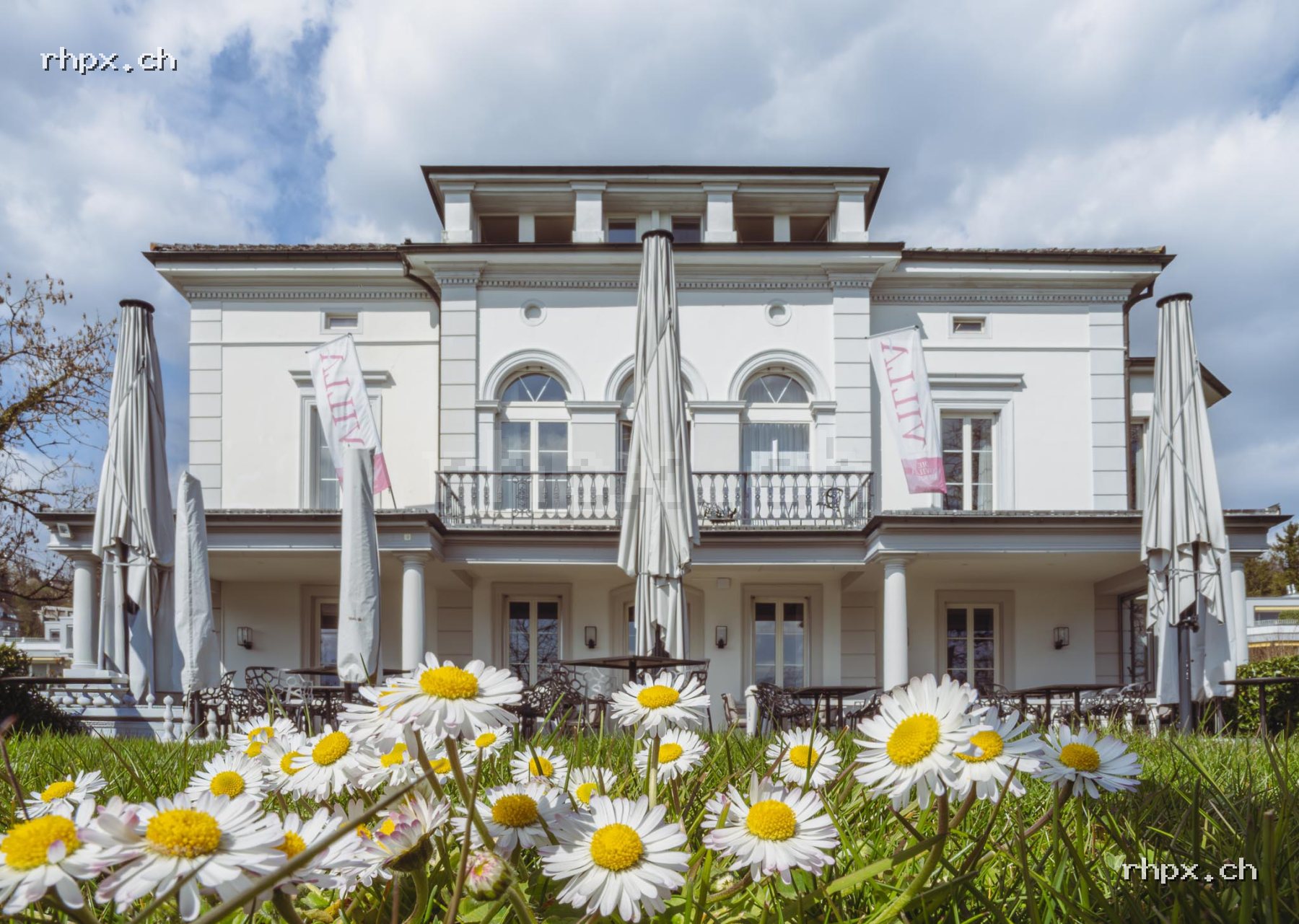 Front view of Villa Schweizerhof in spring with daisies in the foreground, white facade, terrace and Villa flags.