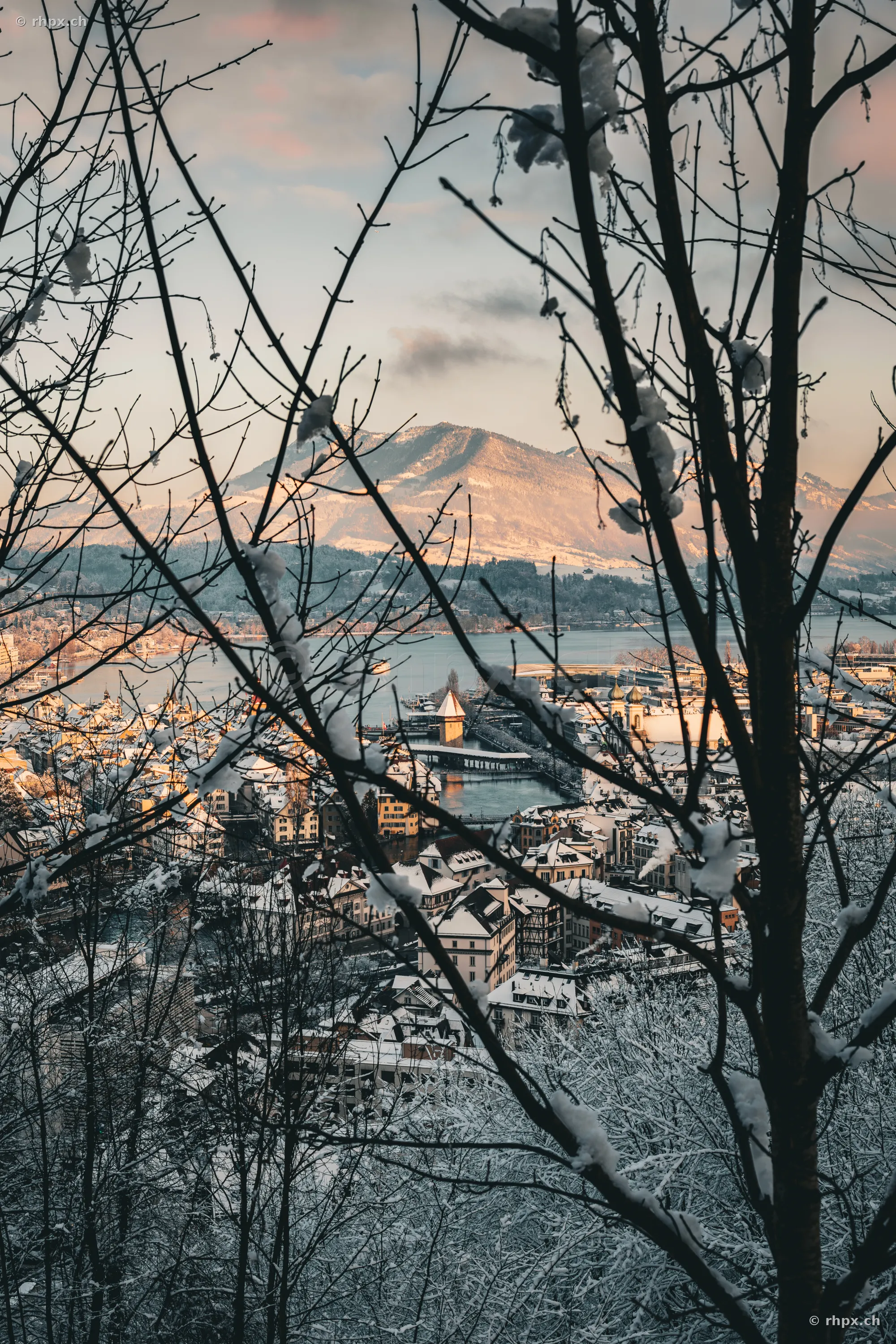View through snow-covered tree branches towards wintery Lucerne, the Chapel Bridge and Mount Rigi in the background