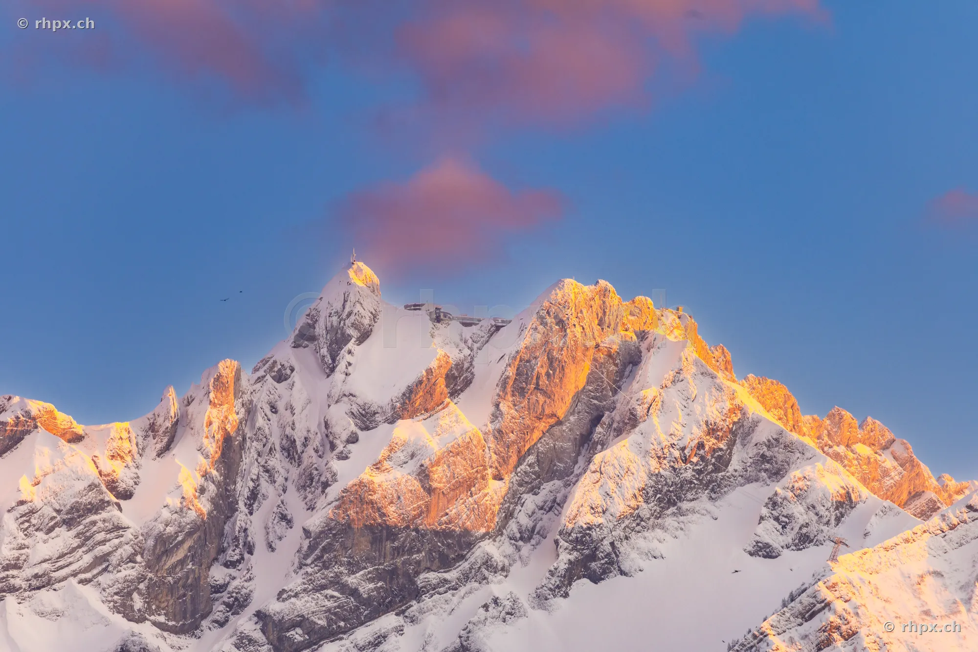 Snow-capped summit of Mount Pilatus near Lucerne in evening light