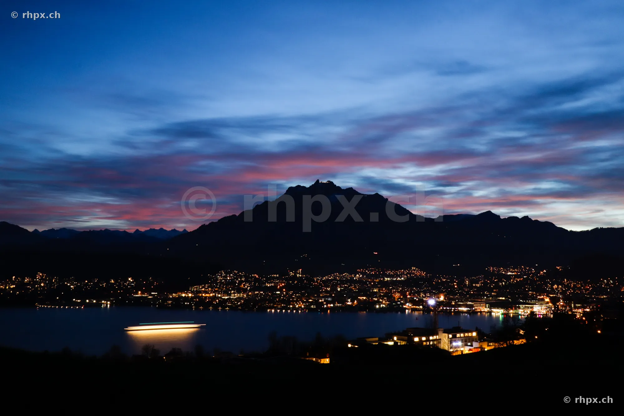 View of Lucerne and Mount Pilatus at twilight