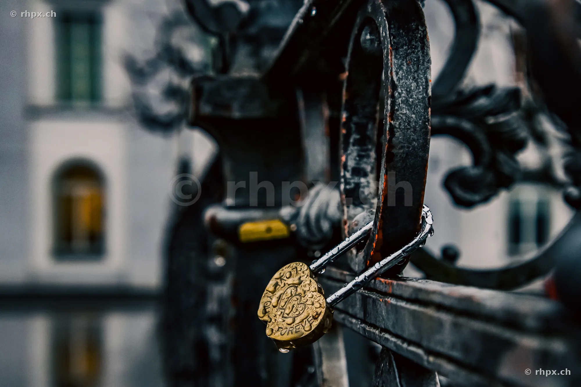A golden love padlock attached to a dark metal railing with a blurred background in Lucerne