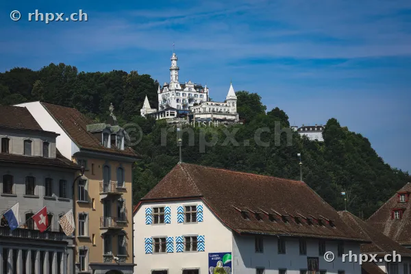 View of the Chateau Guetsch situated on a wooded hill in Lucerne