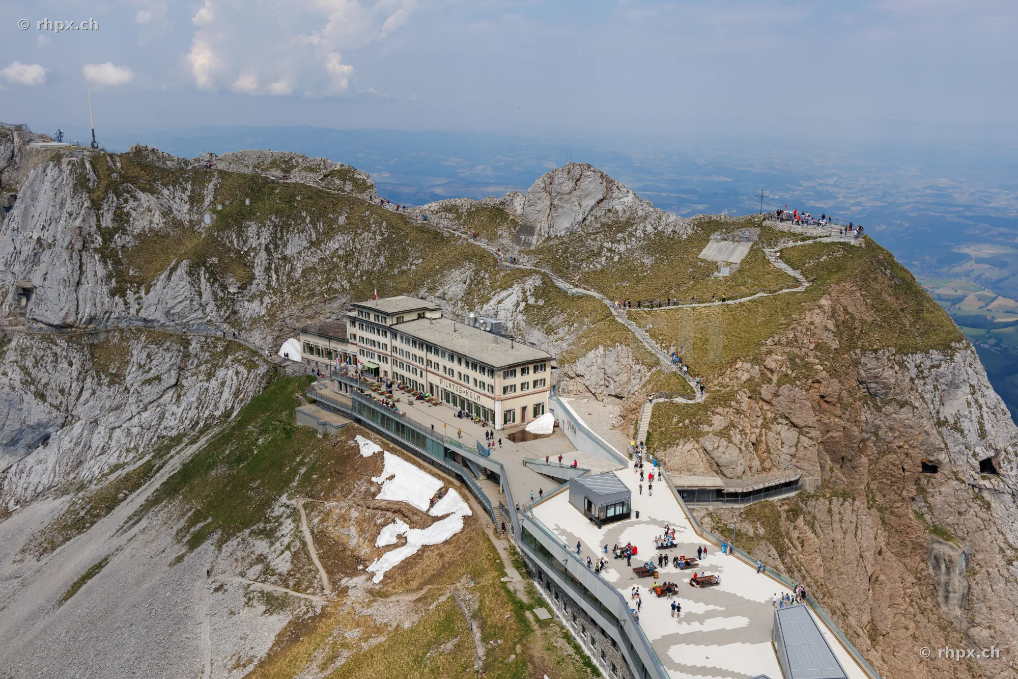 Aerial view of Hotel Pilatus-Kulm on the summit of Mount Pilatus near Lucerne