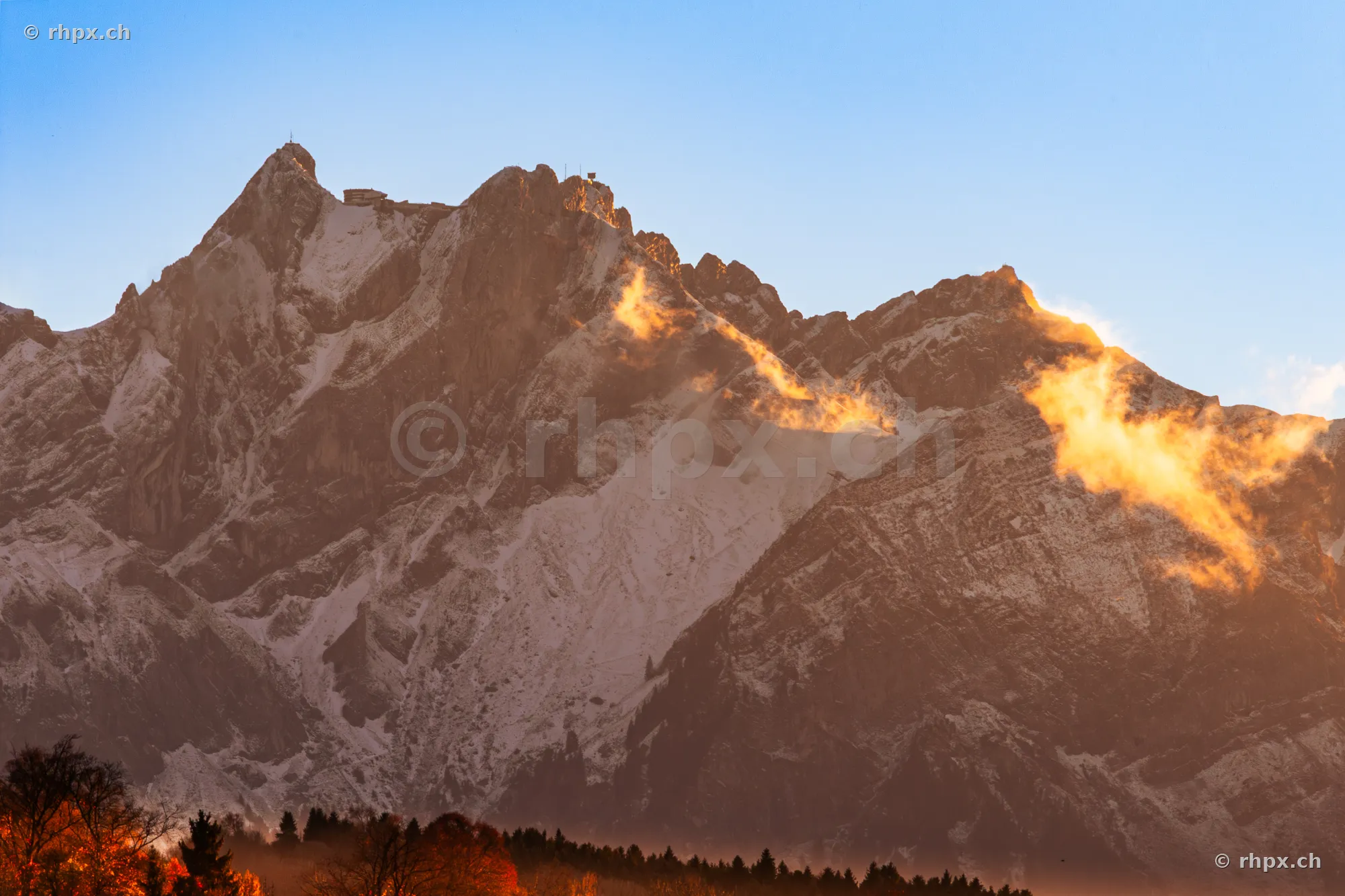 The Pilatus mountain massif in Central Switzerland during evening light.