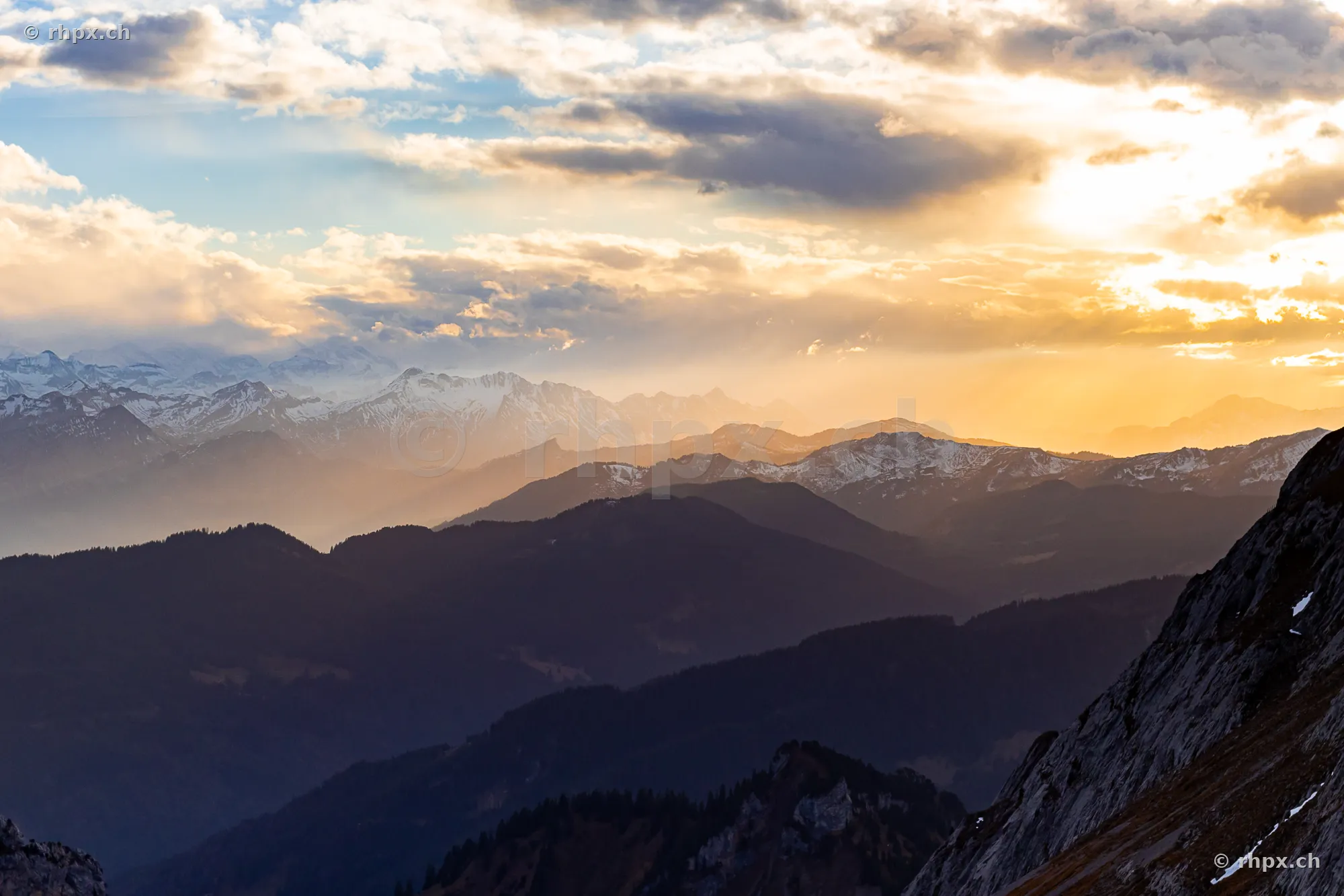 View of the Central Swiss Alps and Mount Pilatus in evening light