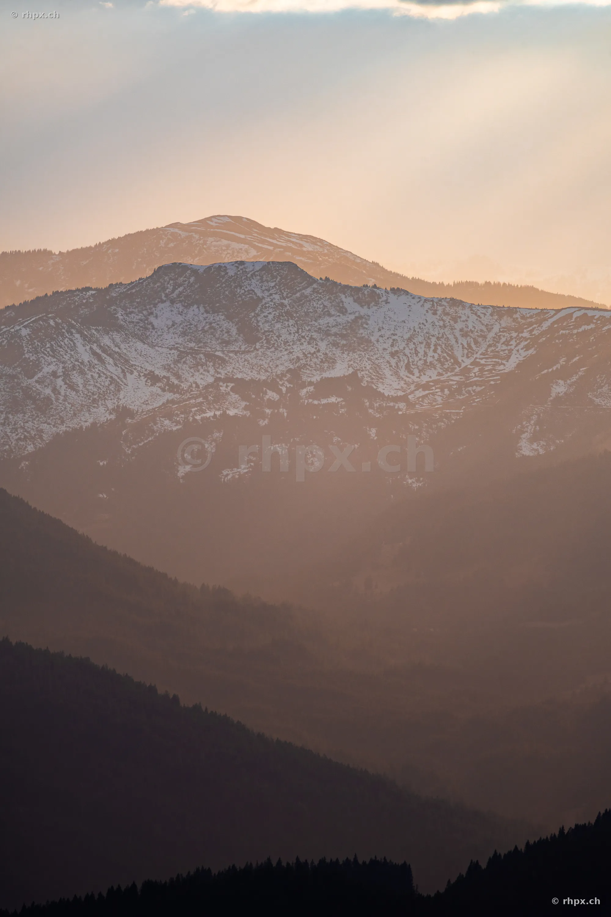 Mountain range of Mount Pilatus in Central Switzerland at sunset