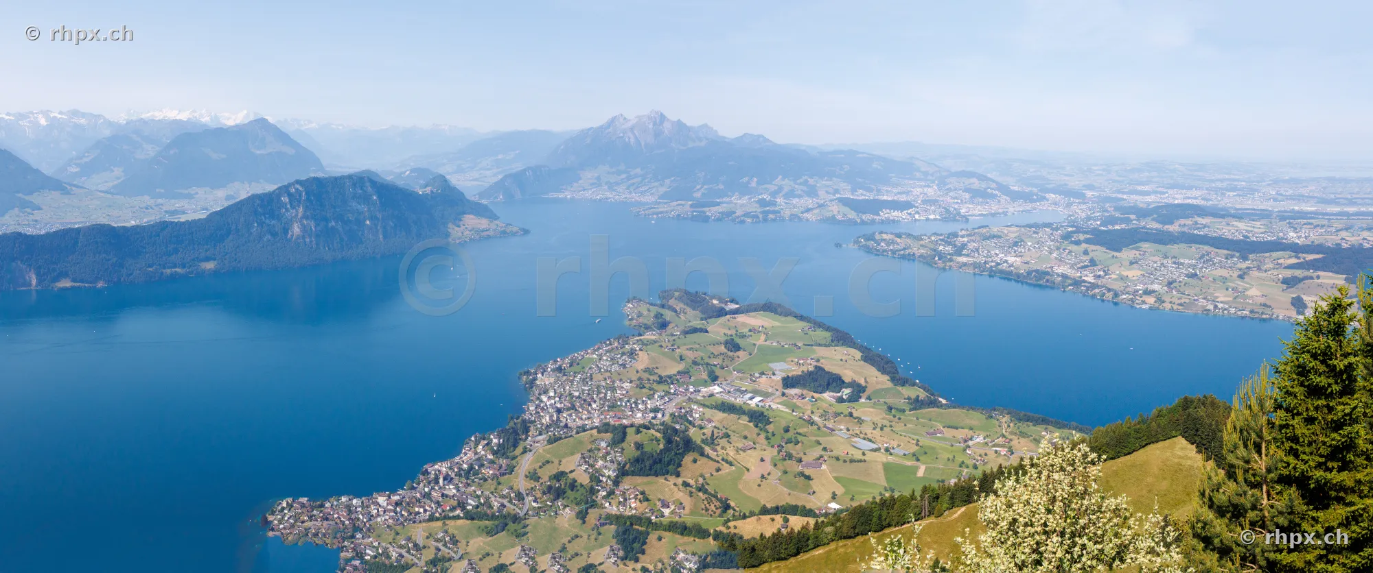 Weitwinkelansicht auf den Vierwaldstättersee mit dem Pilatus im Hintergrund
