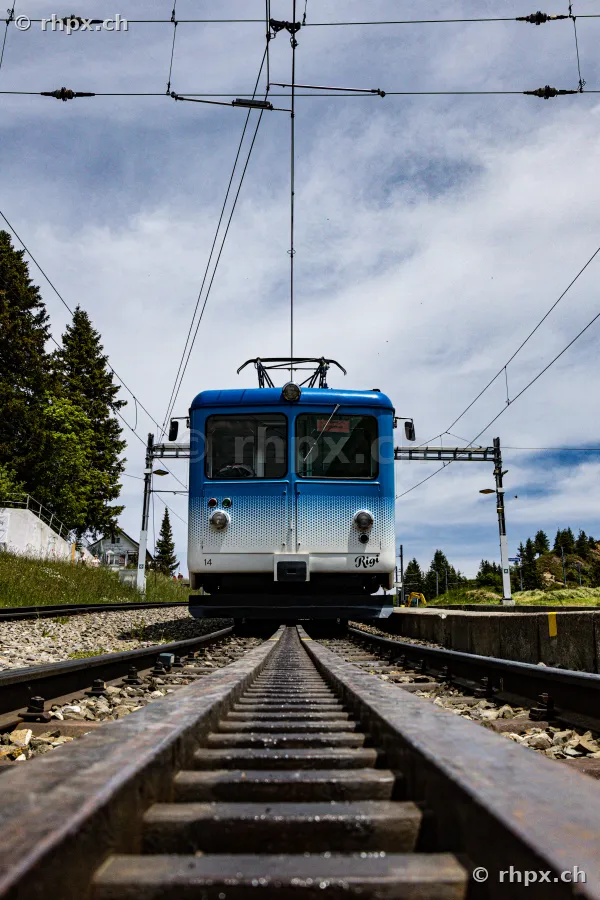 Ein blau-weisser Triebwagen der Rigi-Zahnradbahn steht auf den Gleisen vor einem Bahnhof.