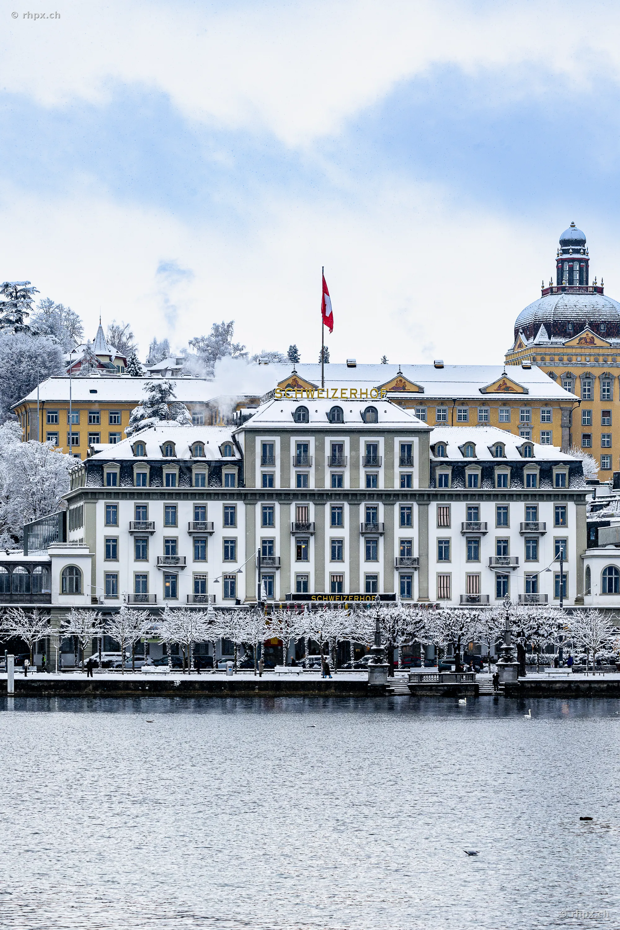 Hotel Schweizerhof at the winterly Lake Lucerne in Lucerne