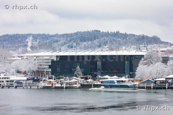 Culture and Convention Centre Lucerne by Lake Lucerne on a snowy winter day