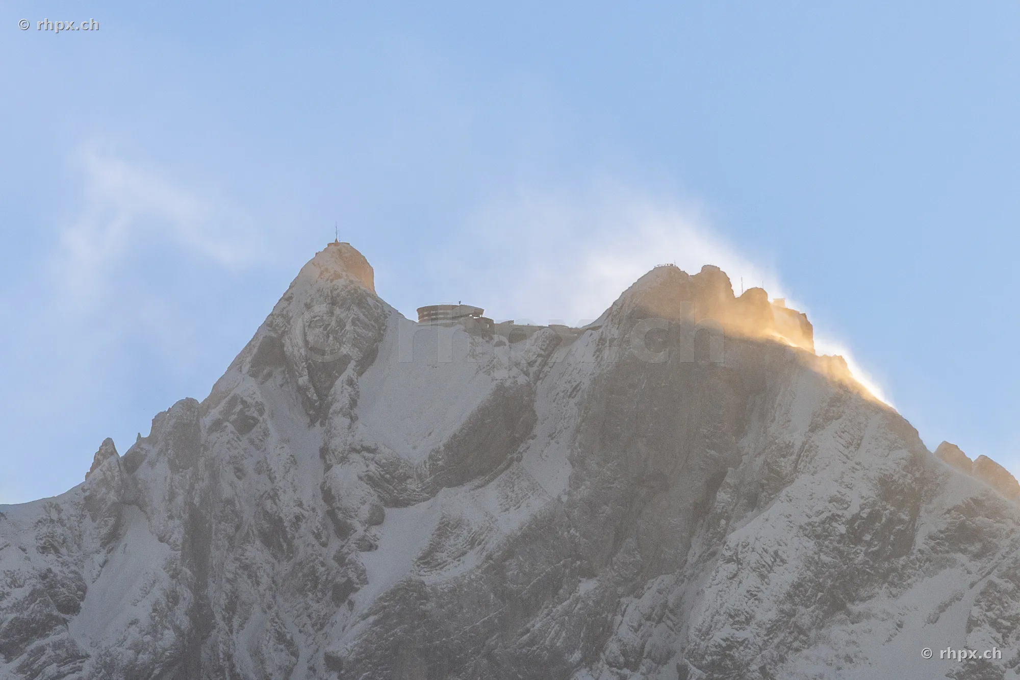 The snow-covered summit of Mount Pilatus near Lucerne in diffuse light