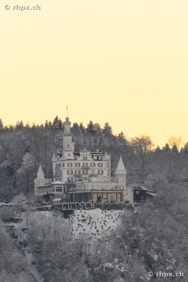 Château Gütsch on a snow-covered hill in Lucerne