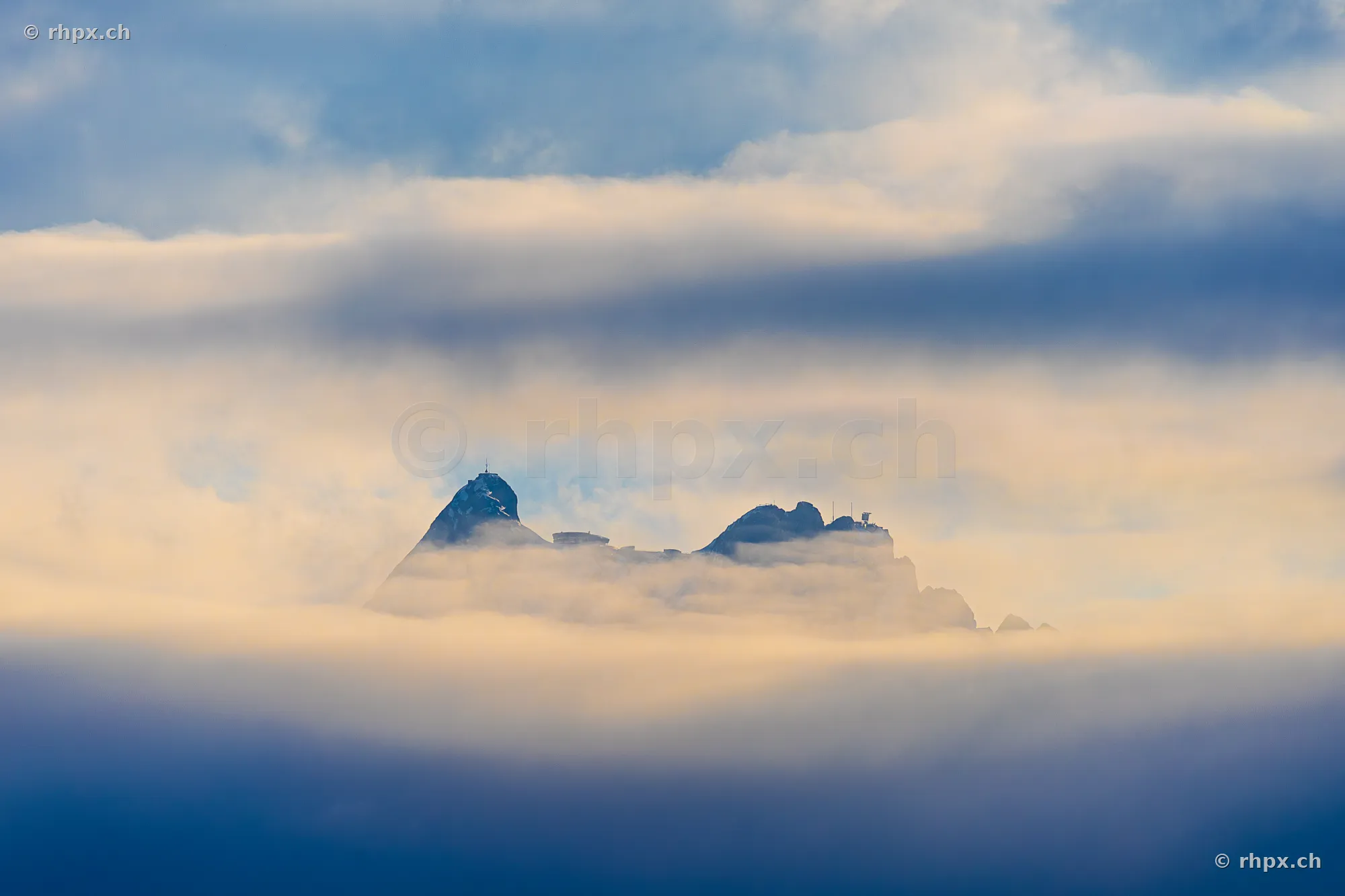The mountain massif of Pilatus in Central Switzerland, embedded between dense cloud layers