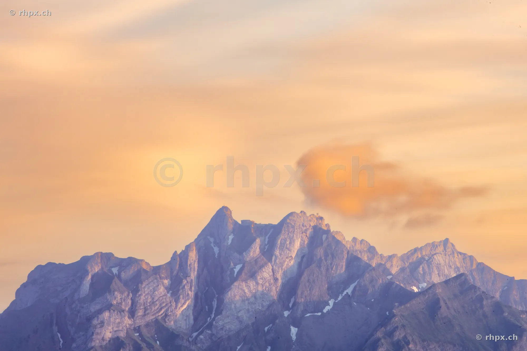 Mount Pilatus mountain range in Central Switzerland during a golden sunset