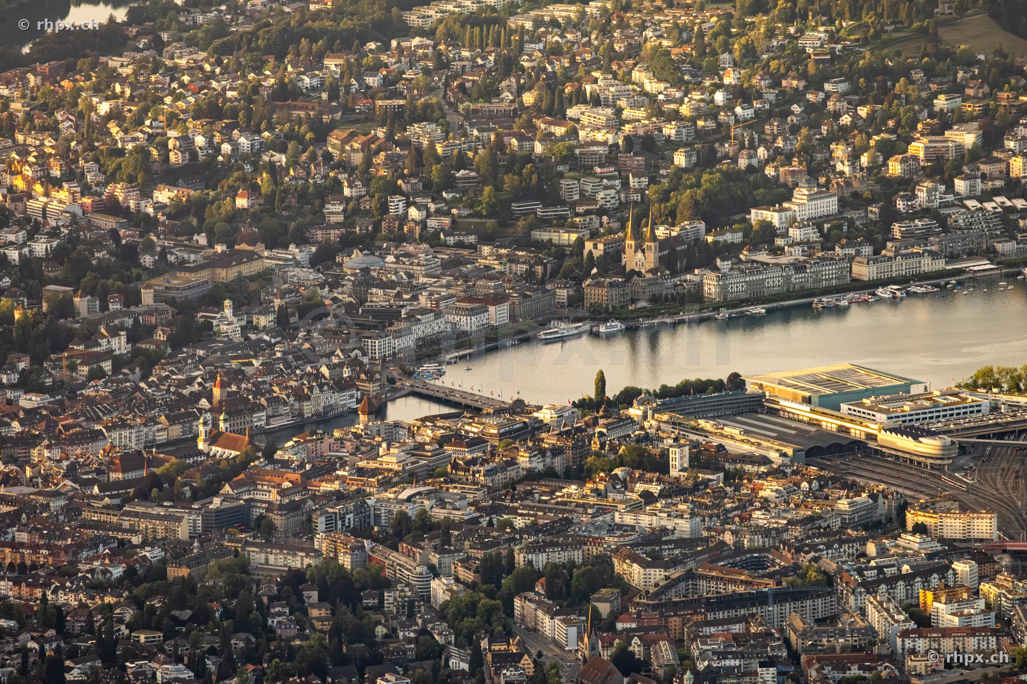 Aerial view of the city of Lucerne with Lake Lucerne at sunset