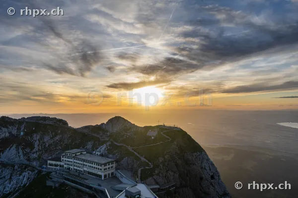 Hotel Bellevue and summit path on Mount Pilatus in evening light