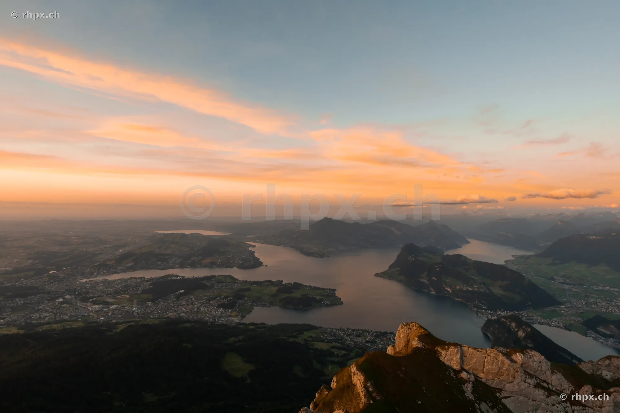 View from Mount Pilatus looking over Lake Lucerne during sunset