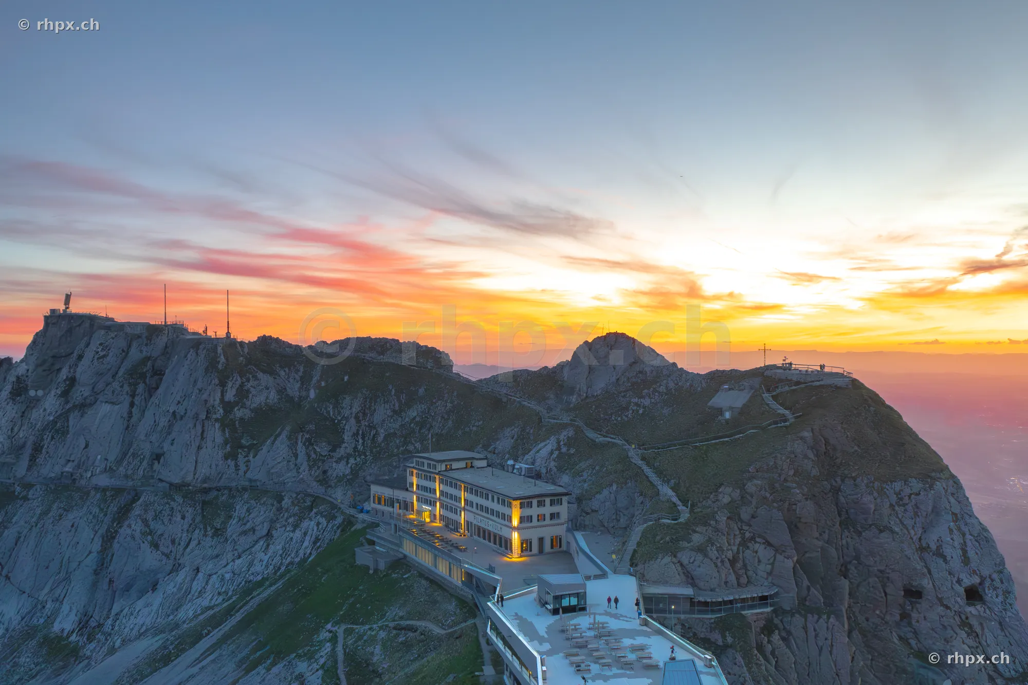 View of Hotel Pilatus-Kulm during sunset