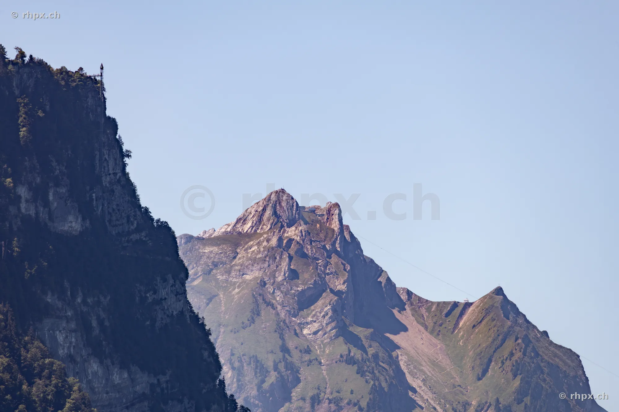 Detailed view of the rock formations and summits of Mount Pilatus in clear weather