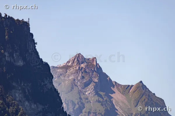 Detailed view of the rock formations and summits of Mount Pilatus in clear weather