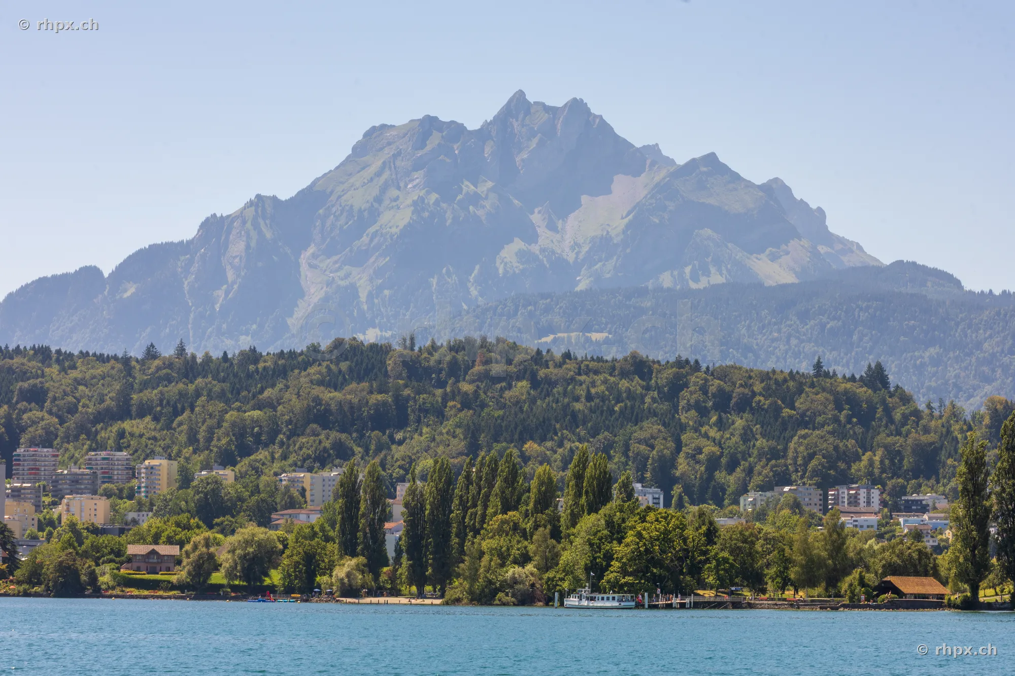 View of Mount Pilatus with Lake Lucerne in the foreground on a summer day
