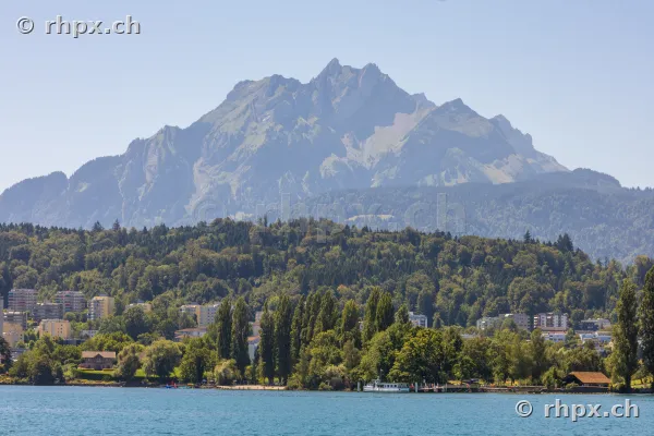 View of Mount Pilatus with Lake Lucerne in the foreground on a summer day