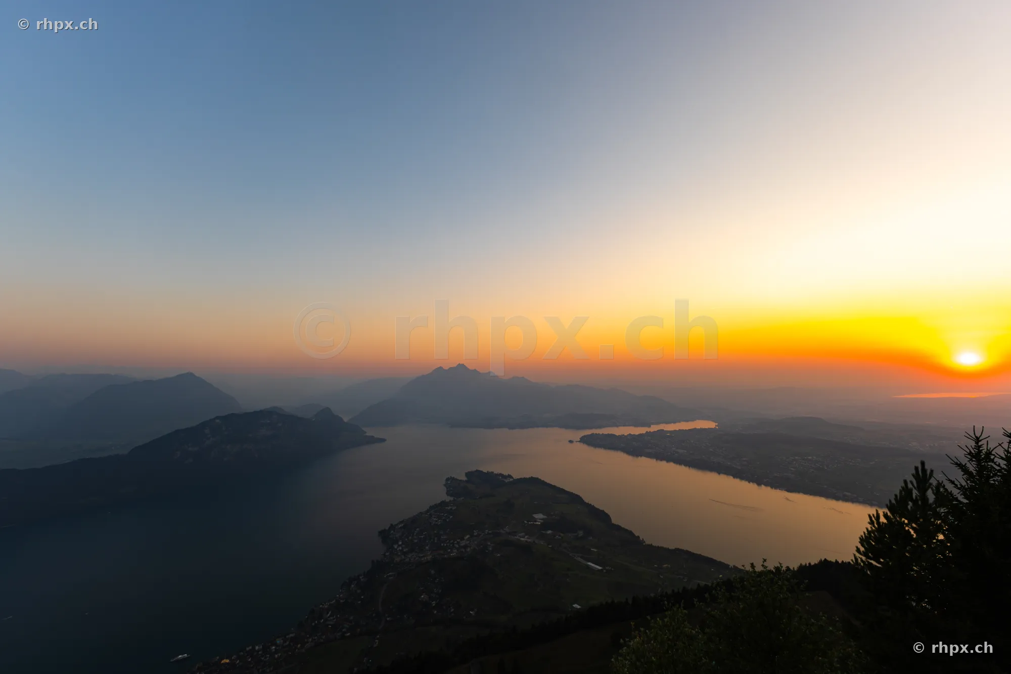 View of Mount Pilatus and Lake Lucerne during sunset