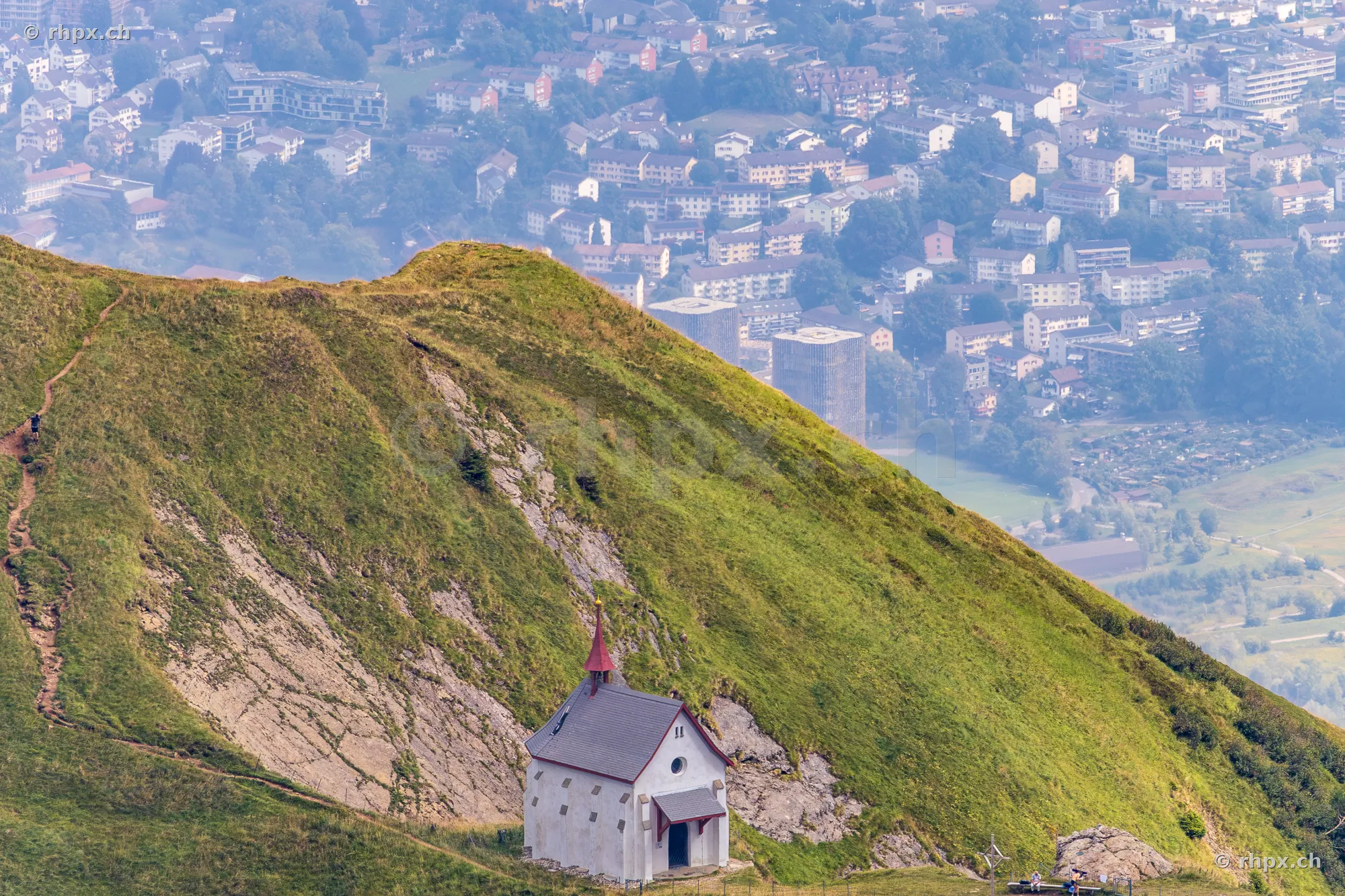 The chapel on Mount Pilatus with a view of the city of Lucerne