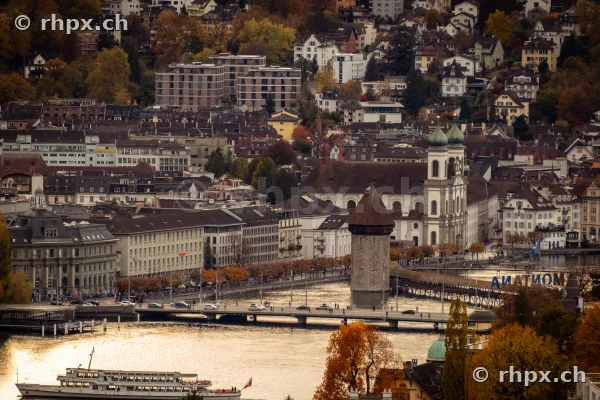 Aerial view of Lucerne old town with Jesuit Church, Chapel Bridge and Reuss river