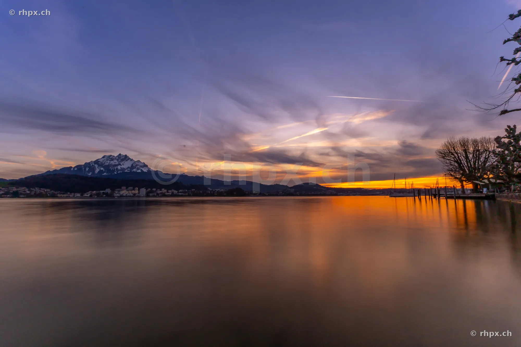 View of Mount Pilatus and Lake Lucerne at sunset