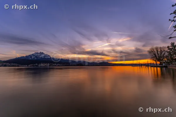 View of Mount Pilatus and Lake Lucerne at sunset