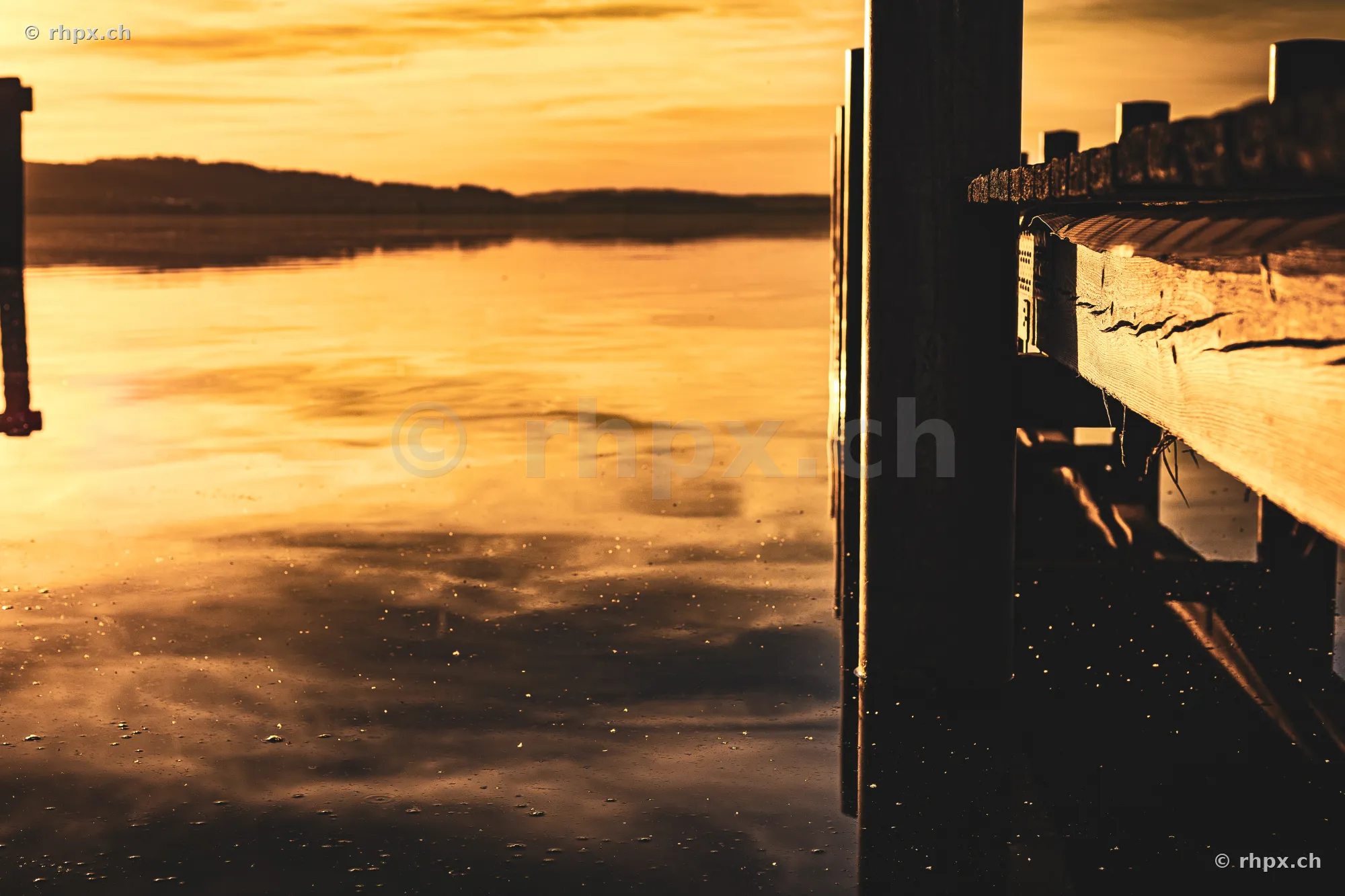 Blick von einem Holzsteg über den Sempachersee bei Sonnenuntergang