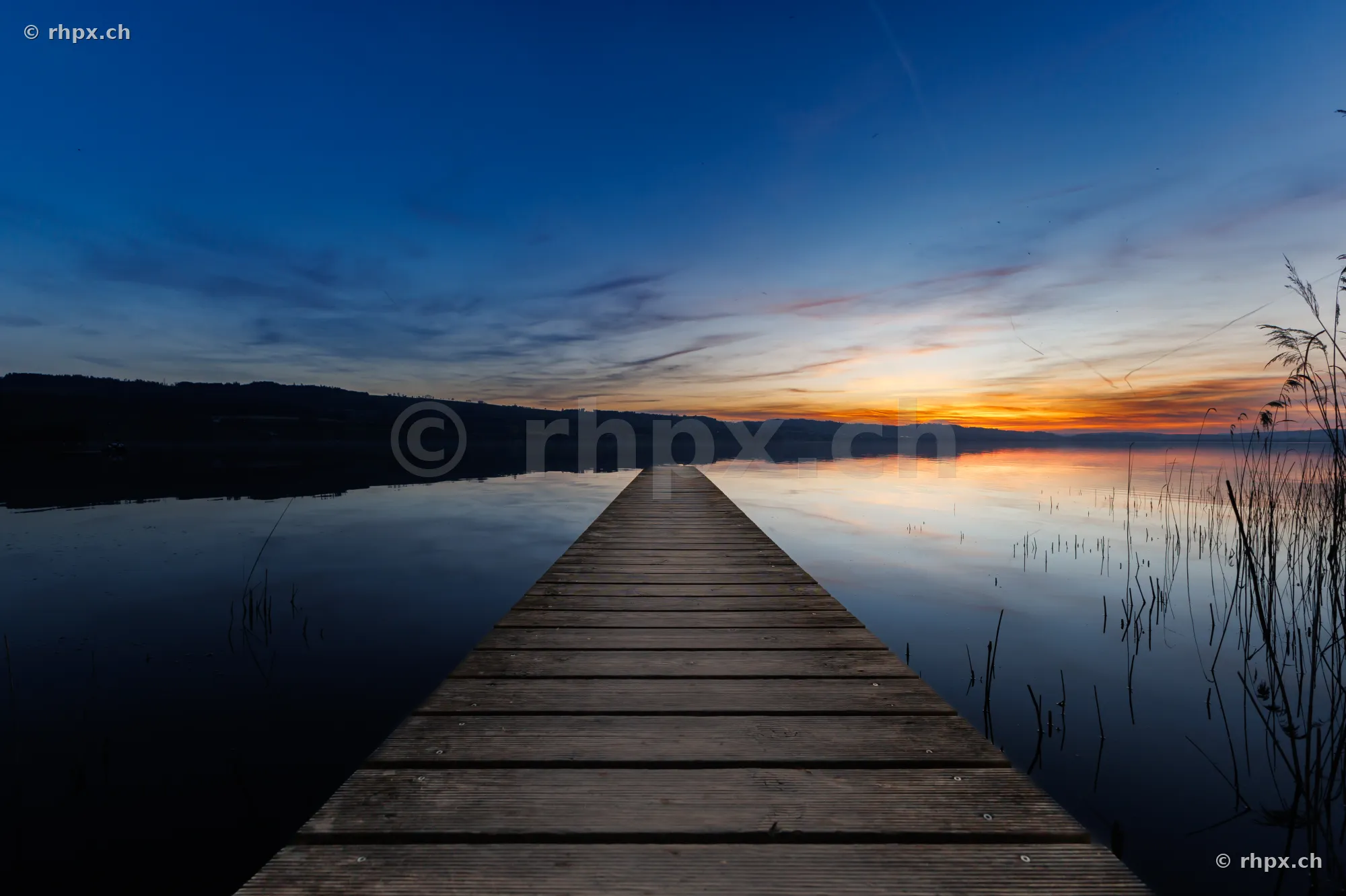 Ein gerader Holzsteg führt in die ruhige Wasseroberfläche des Sempachersees bei Sonnenuntergang