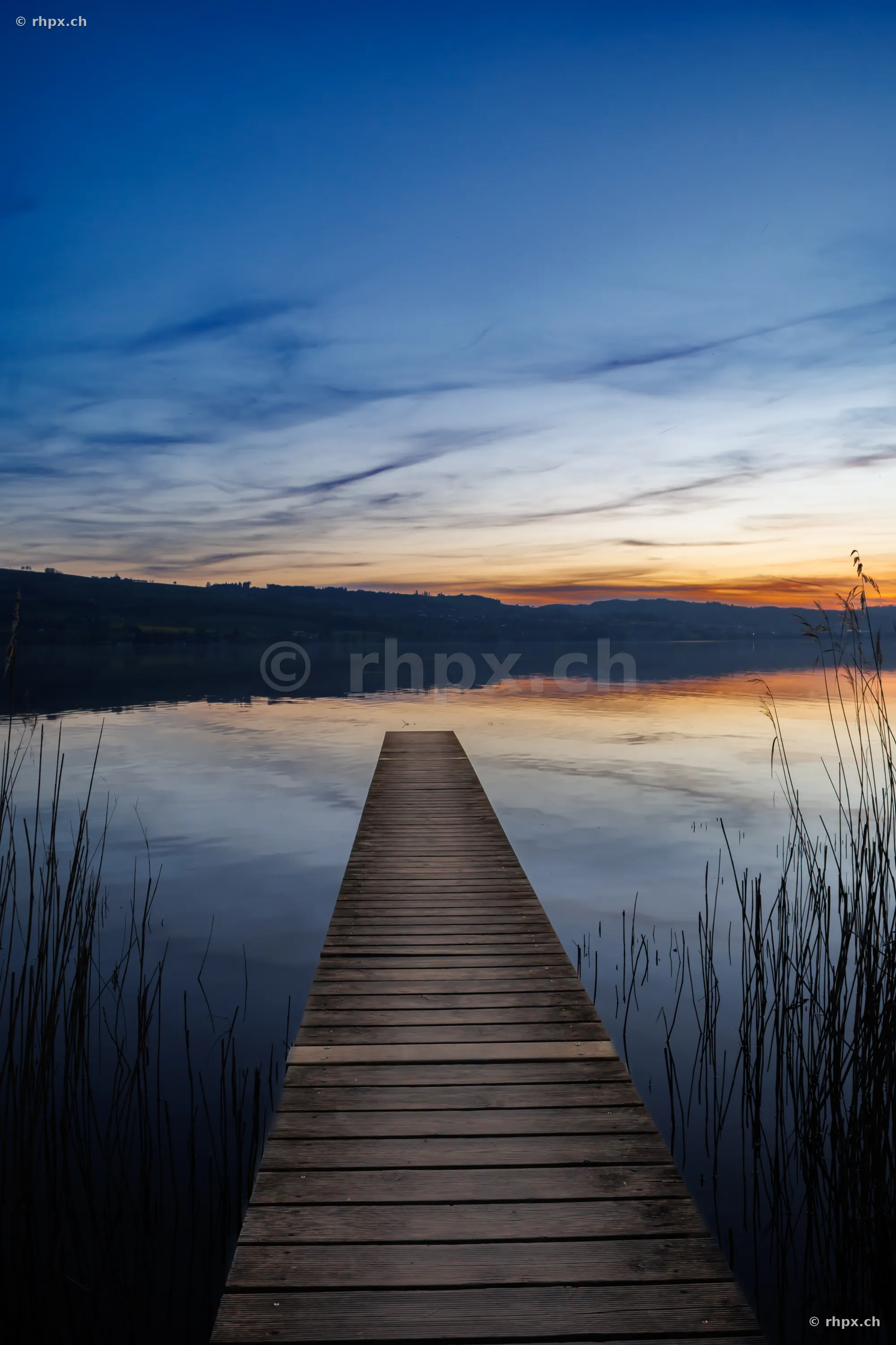 Ein schmaler Holzsteg führt in den ruhigen Sempachersee während des Sonnenuntergangs