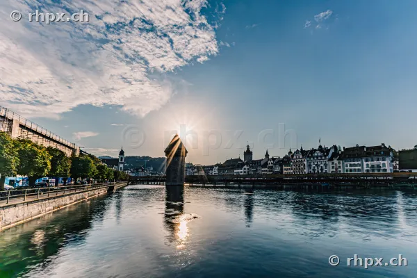 Water Tower of the Chapel Bridge in Lucerne against the sun
