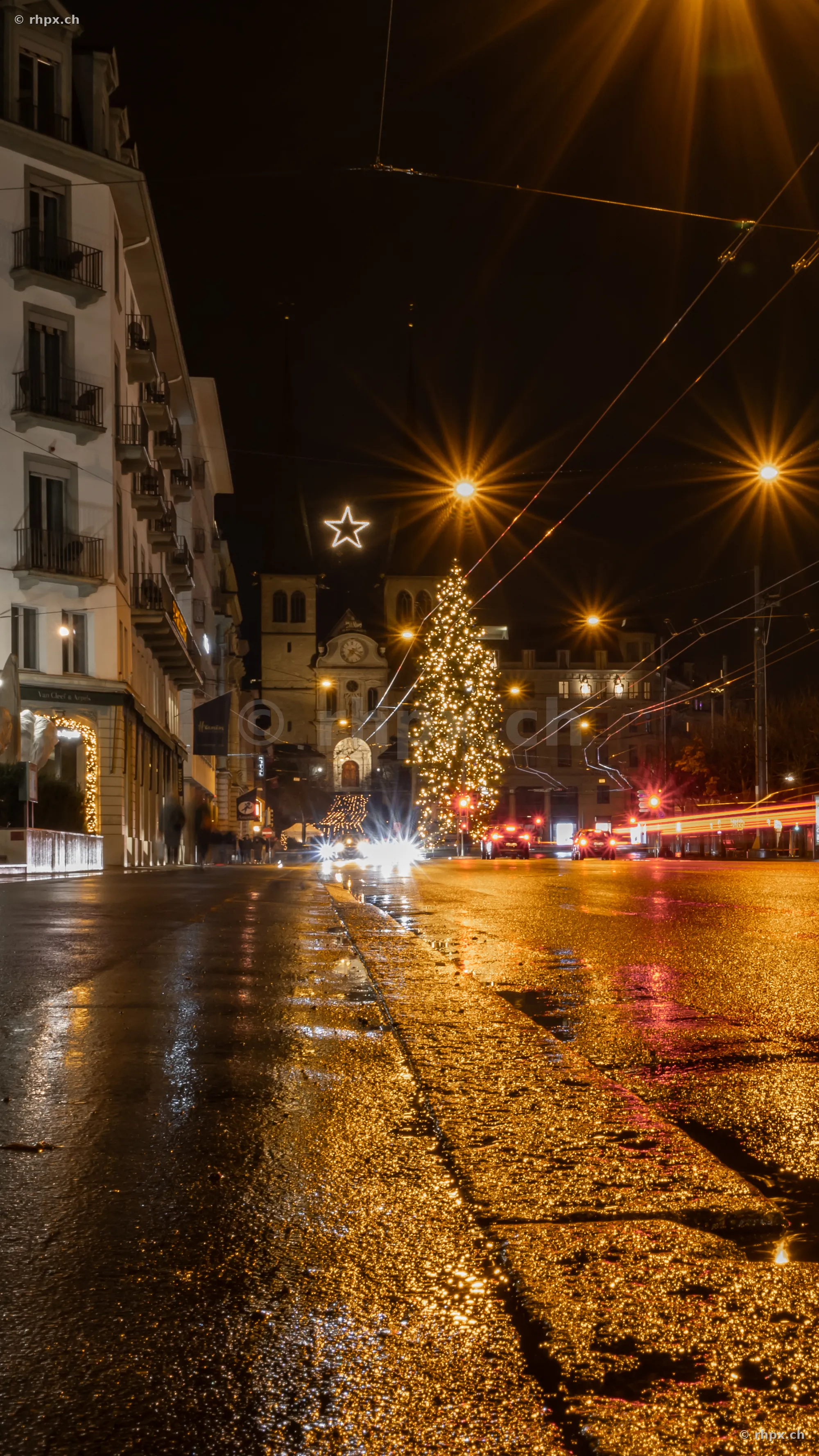 Christmas tree in front of the Hofkirche in Lucerne at night with wet street