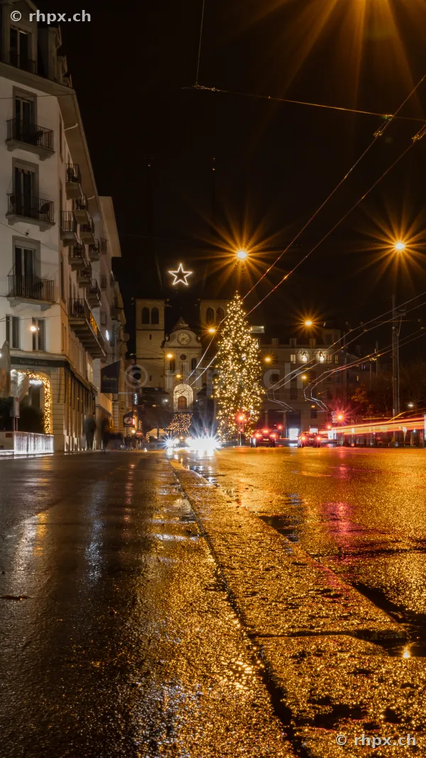 Christmas tree in front of the Hofkirche in Lucerne at night with wet street