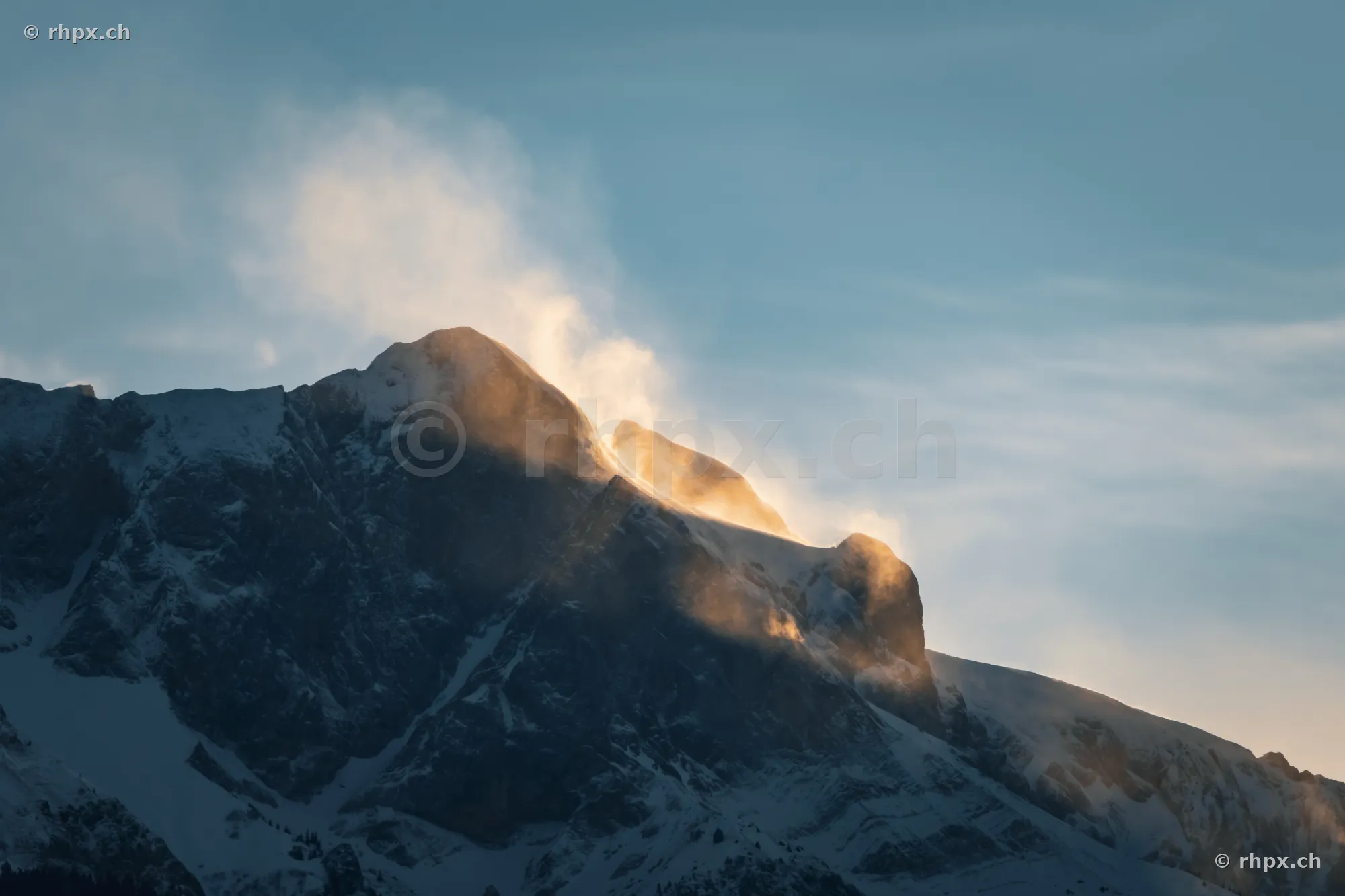 Snow-covered summit of Mount Pilatus near Lucerne in evening light