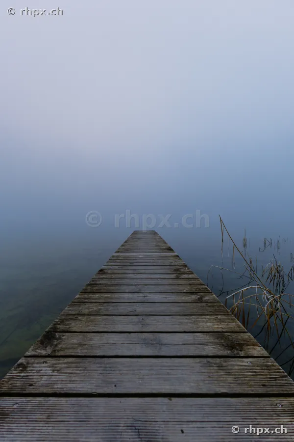 Holzsteg führt in den nebligen Sempachersee
