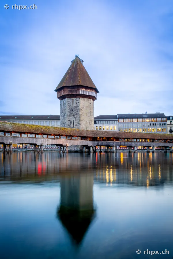 Wasserturm and Chapel Bridge in Lucerne at twilight