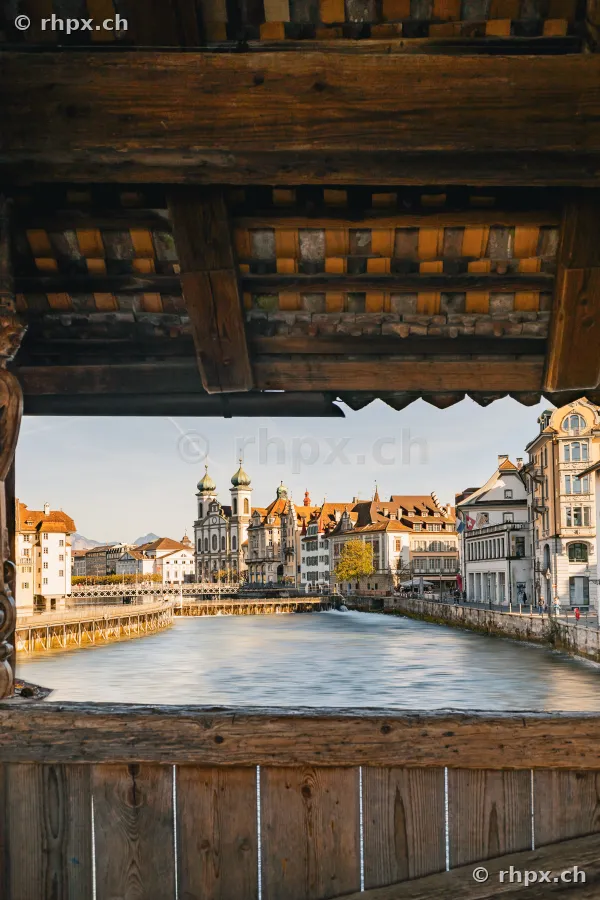 View from the wooden Spreuer Bridge towards the Reuss and the old town of Lucerne