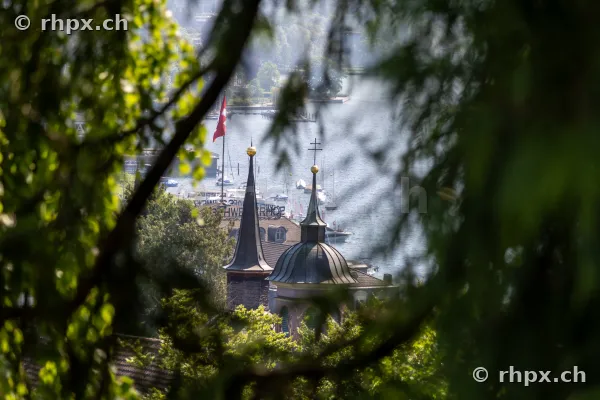 View through tree branches towards the towers of the Jesuit Church in Lucerne and Lake Lucerne