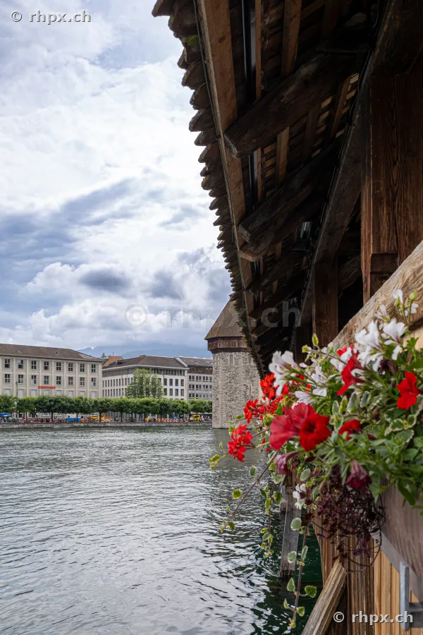 Chapel Bridge in Lucerne with flower boxes and view of the Reuss river