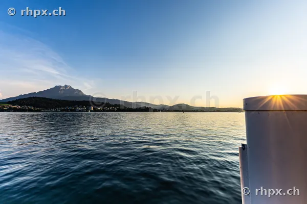 View over Lake Lucerne towards Mount Pilatus at sunset