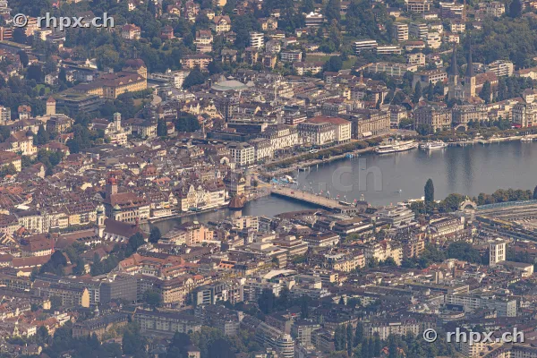 Aerial view of the city of Lucerne with Reuss river